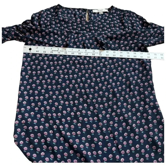 Ann Taylor Loft Womens Blouse Size XXS Navy Pink Floral Ruffle Long Sleeves - Picture 8 of 9